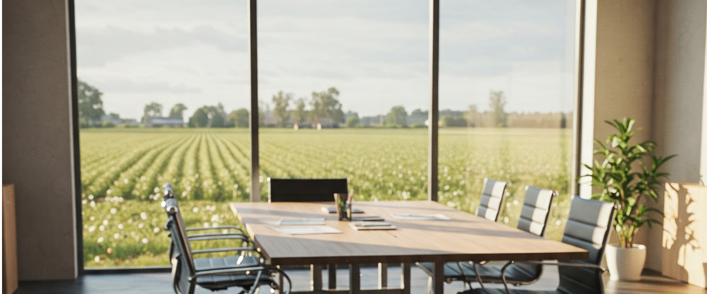 Agricultural office overlooking crop fields
